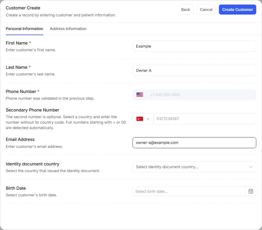 Customer creation form filled in for Example Owner A.