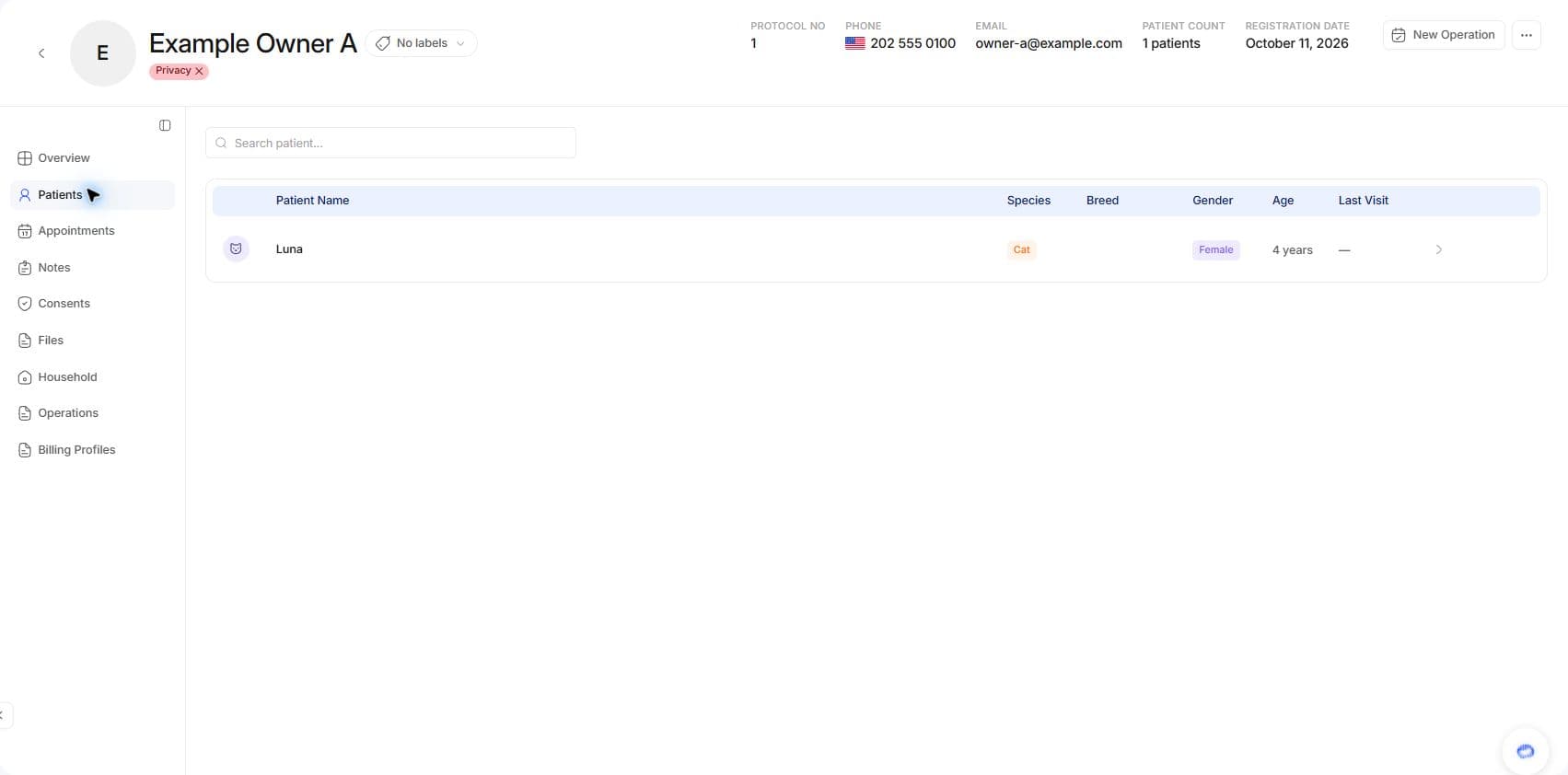 The customer's Patients tab showing Luna as the single linked patient.