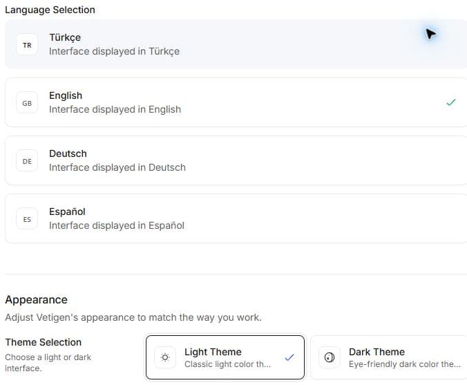 Language and light/dark theme selections in General settings.