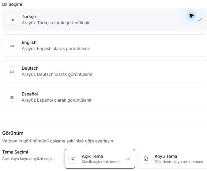 Genel ayarlar içindeki dil ve açık/koyu tema seçimleri.