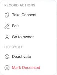 Patient detail menu separating record actions from lifecycle actions.