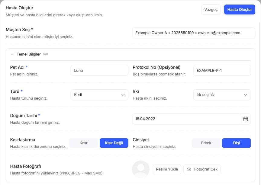 Example Owner A seçili, Luna için doldurulmuş ama henüz kaydedilmemiş hasta formu.