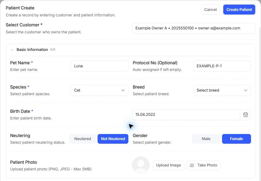 Patient form filled for Luna with Example Owner A selected; the draft has not been saved.