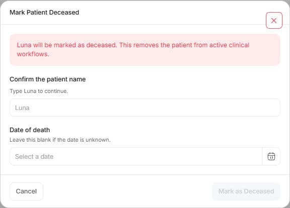 Death review with patient-name confirmation, optional death date and disabled submission.