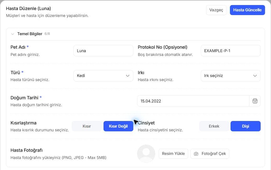 Luna'nın kayıtlı bilgilerini gösteren Hasta Düzenle formu.