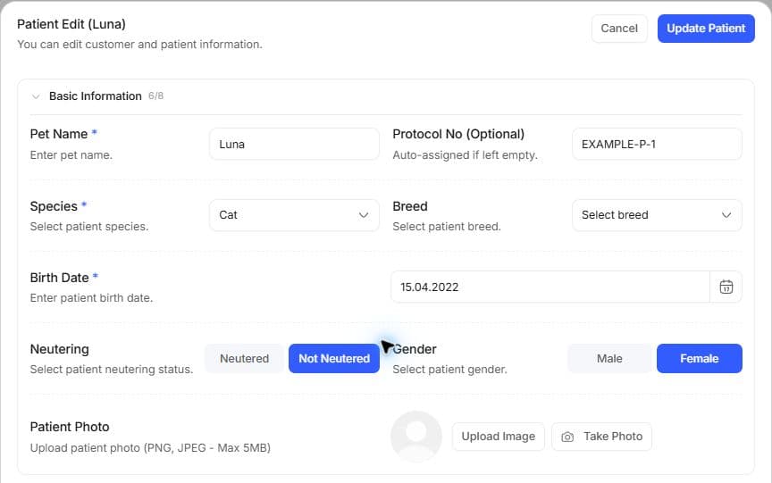 Patient Edit form showing Luna's saved information.