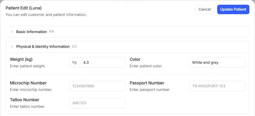 Patient editing fields for weight, colour, microchip, passport and tattoo.