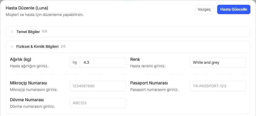 Hasta düzenleme formundaki ağırlık, renk, mikroçip, pasaport ve dövme alanları.
