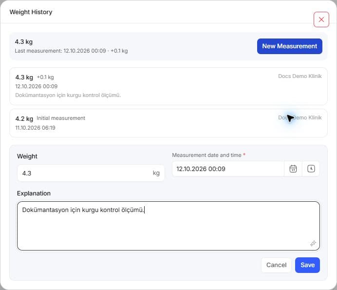 New weight measurement form with kg, measurement date/time and explanation.