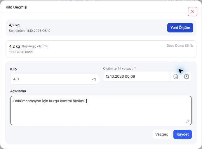 Yeni ağırlık ölçümü formunda kg, ölçüm tarihi/saati ve açıklama alanları.