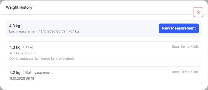 Luna's separate dated 4.2 kg initial and 4.3 kg follow-up measurements.